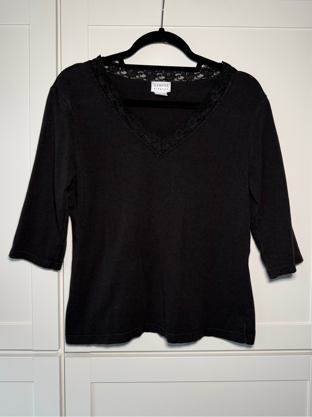 Vintage George Black Lace 3/4 Sleeve Vneck Stretch Top Gothic Comfy Casual